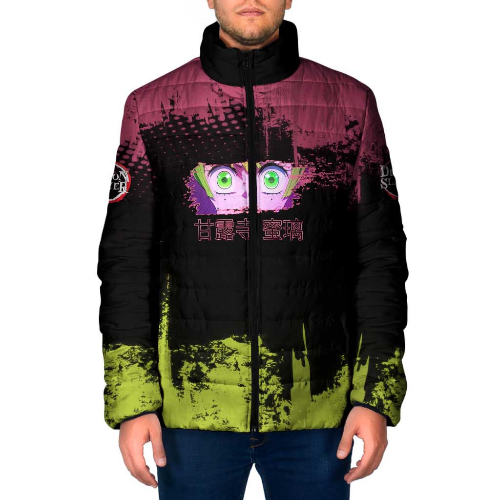 Mitsuri Kanroji Demon Slayer Pink and Green Grunge Design Padded Jacket with Heart Eyes and Playful Pose - The Mazicc