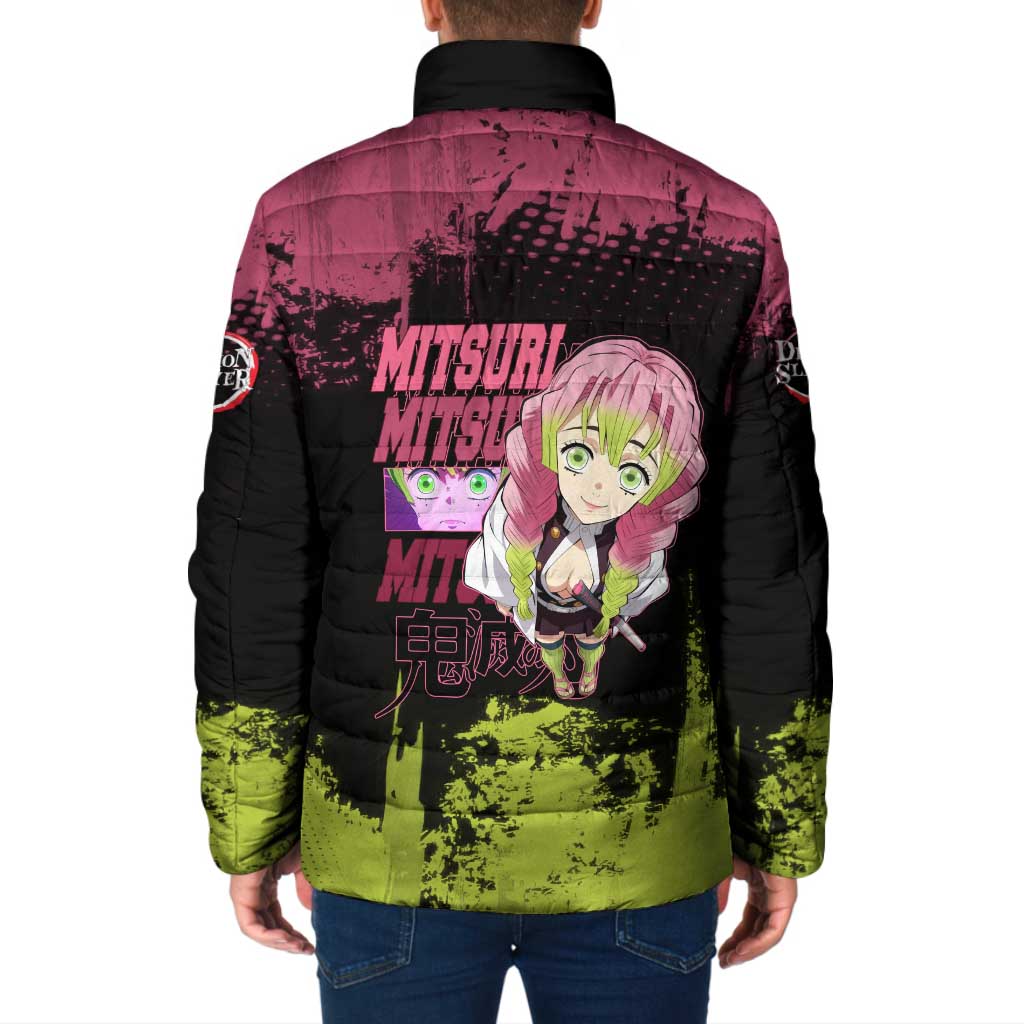 Mitsuri Kanroji Demon Slayer Pink and Green Grunge Design Padded Jacket with Heart Eyes and Playful Pose - The Mazicc
