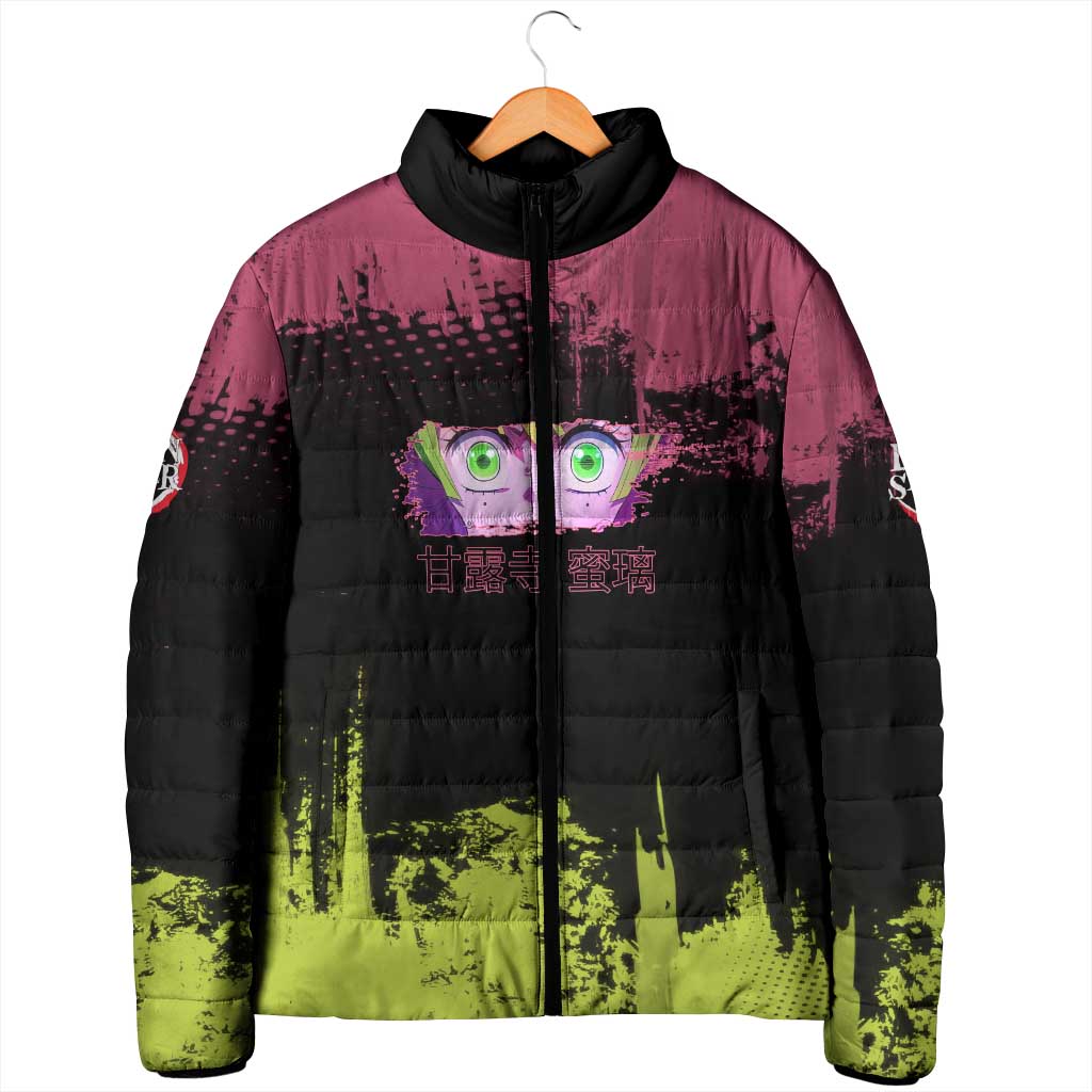 Mitsuri Kanroji Demon Slayer Pink and Green Grunge Design Padded Jacket with Heart Eyes and Playful Pose - The Mazicc