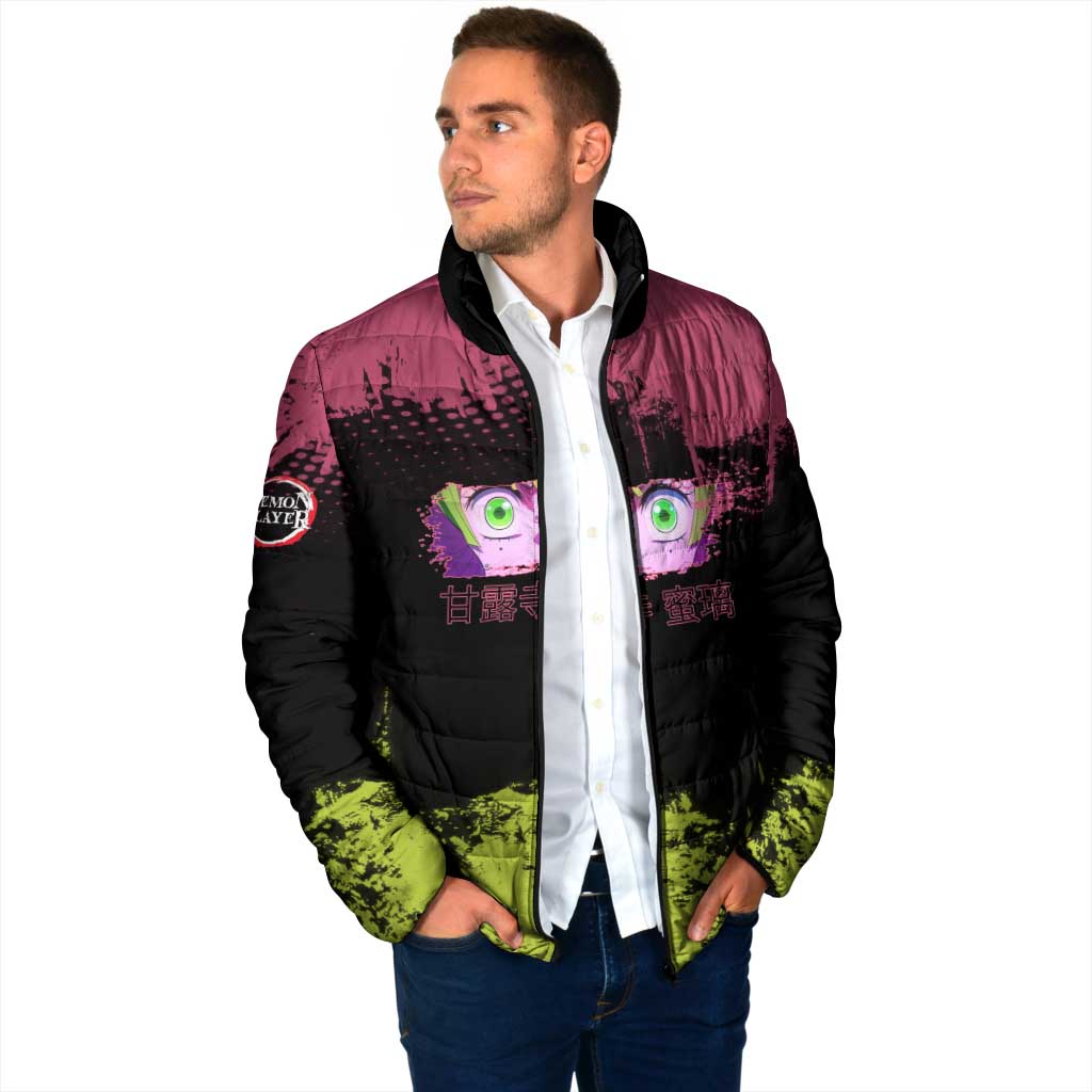 Mitsuri Kanroji Demon Slayer Pink and Green Grunge Design Padded Jacket with Heart Eyes and Playful Pose - The Mazicc