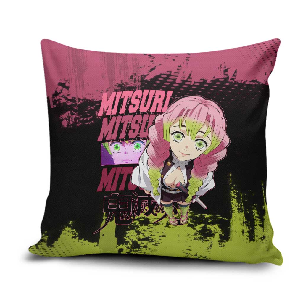 Mitsuri Kanroji Demon Slayer Pink and Green Grunge Design Pillow Cover with Heart Eyes and Playful Pose - The Mazicc