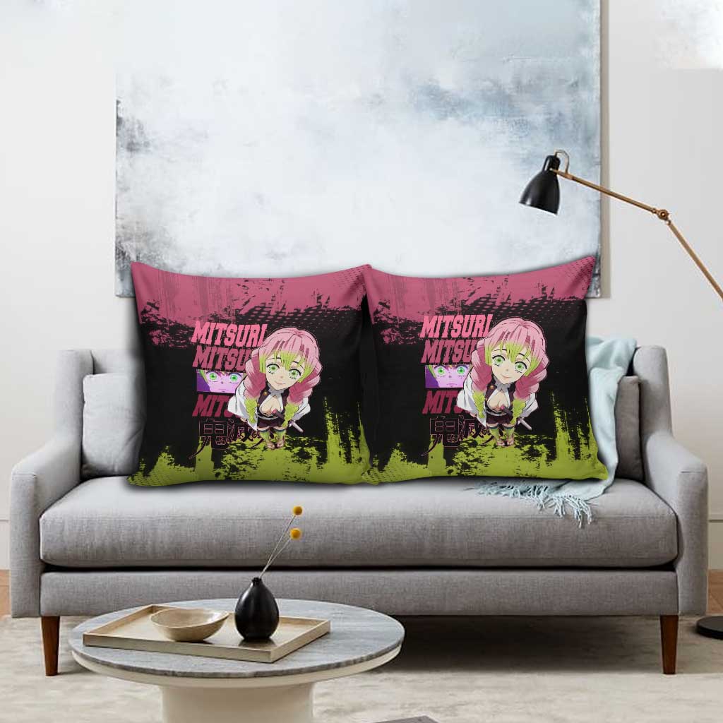 Mitsuri Kanroji Demon Slayer Pink and Green Grunge Design Pillow Cover with Heart Eyes and Playful Pose - The Mazicc