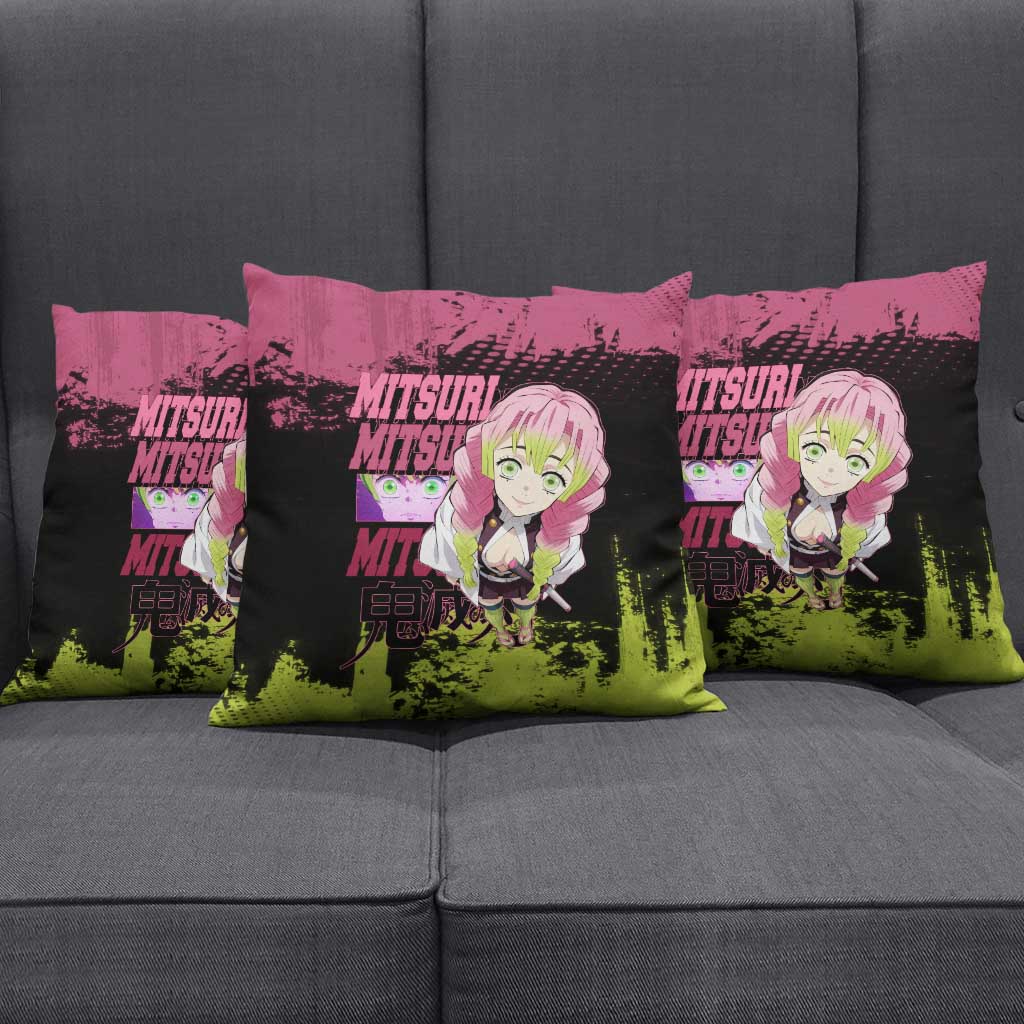 Mitsuri Kanroji Demon Slayer Pink and Green Grunge Design Pillow Cover with Heart Eyes and Playful Pose - The Mazicc