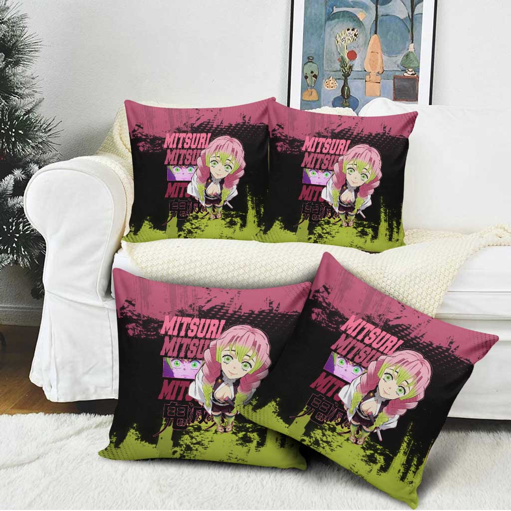 Mitsuri Kanroji Demon Slayer Pink and Green Grunge Design Pillow Cover with Heart Eyes and Playful Pose - The Mazicc
