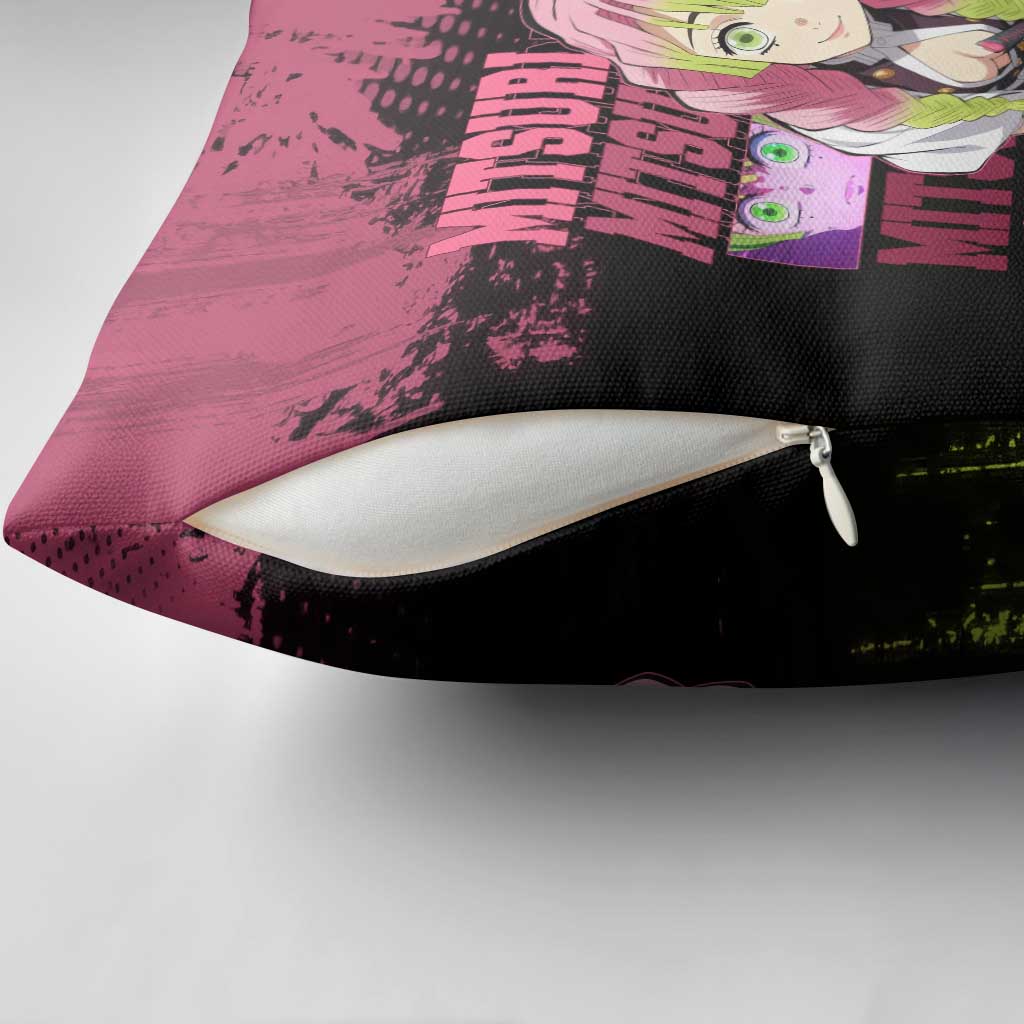 Mitsuri Kanroji Demon Slayer Pink and Green Grunge Design Pillow Cover with Heart Eyes and Playful Pose - The Mazicc