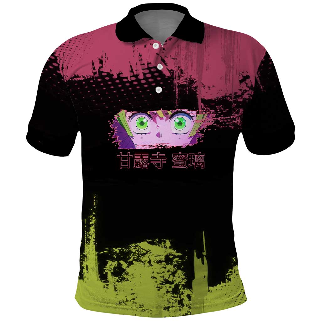 Mitsuri Kanroji Demon Slayer Pink and Green Grunge Design Polo Shirt with Heart Eyes and Playful Pose - The Mazicc