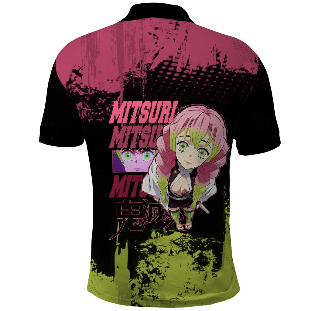 Mitsuri Kanroji Demon Slayer Pink and Green Grunge Design Polo Shirt with Heart Eyes and Playful Pose - The Mazicc