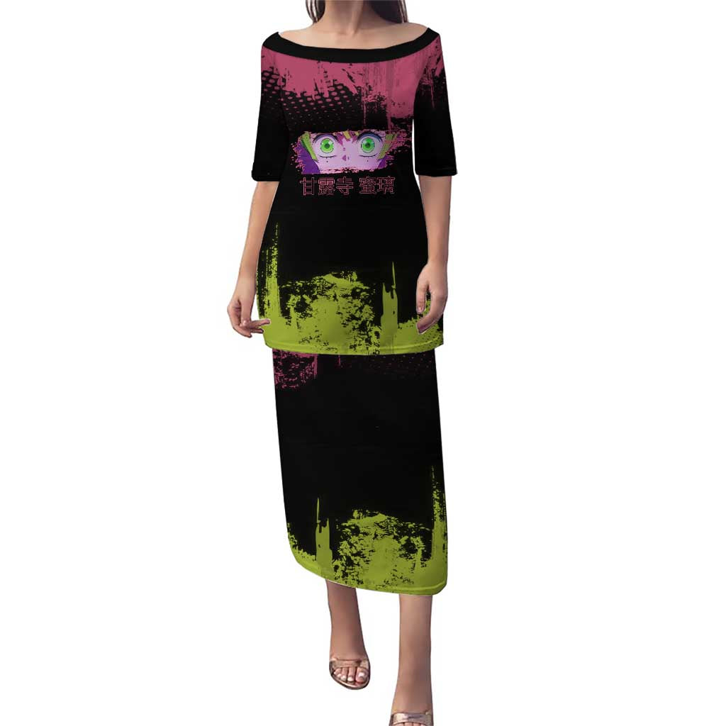 Mitsuri Kanroji Demon Slayer Pink and Green Grunge Design Puletasi with Heart Eyes and Playful Pose - The Mazicc