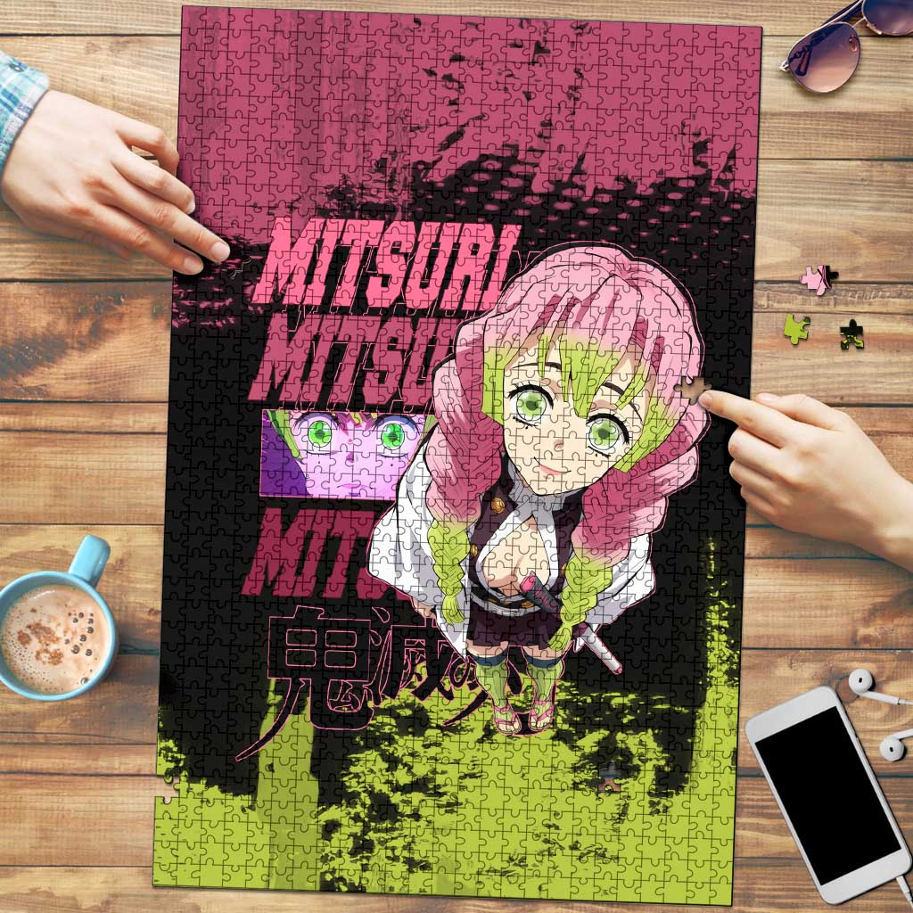 Mitsuri Kanroji Demon Slayer Pink and Green Grunge Design Puzzle with Heart Eyes and Playful Pose - The Mazicc