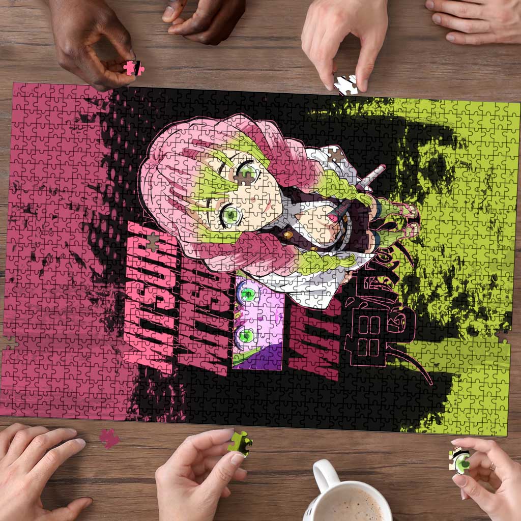 Mitsuri Kanroji Demon Slayer Pink and Green Grunge Design Puzzle with Heart Eyes and Playful Pose - The Mazicc