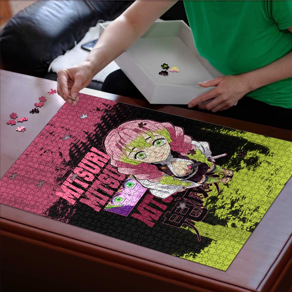 Mitsuri Kanroji Demon Slayer Pink and Green Grunge Design Puzzle with Heart Eyes and Playful Pose - The Mazicc