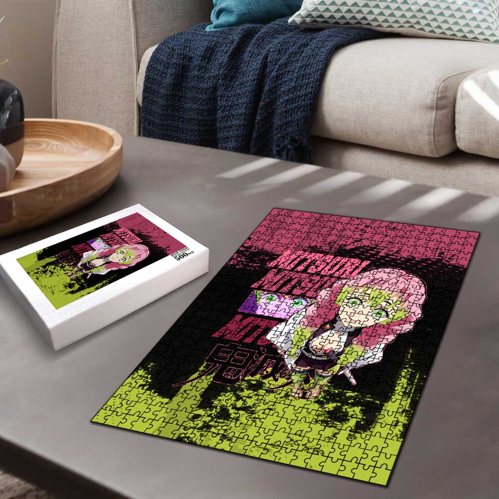 Mitsuri Kanroji Demon Slayer Pink and Green Grunge Design Puzzle with Heart Eyes and Playful Pose - The Mazicc