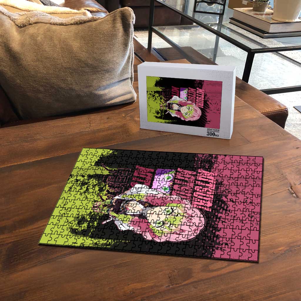 Mitsuri Kanroji Demon Slayer Pink and Green Grunge Design Puzzle with Heart Eyes and Playful Pose - The Mazicc