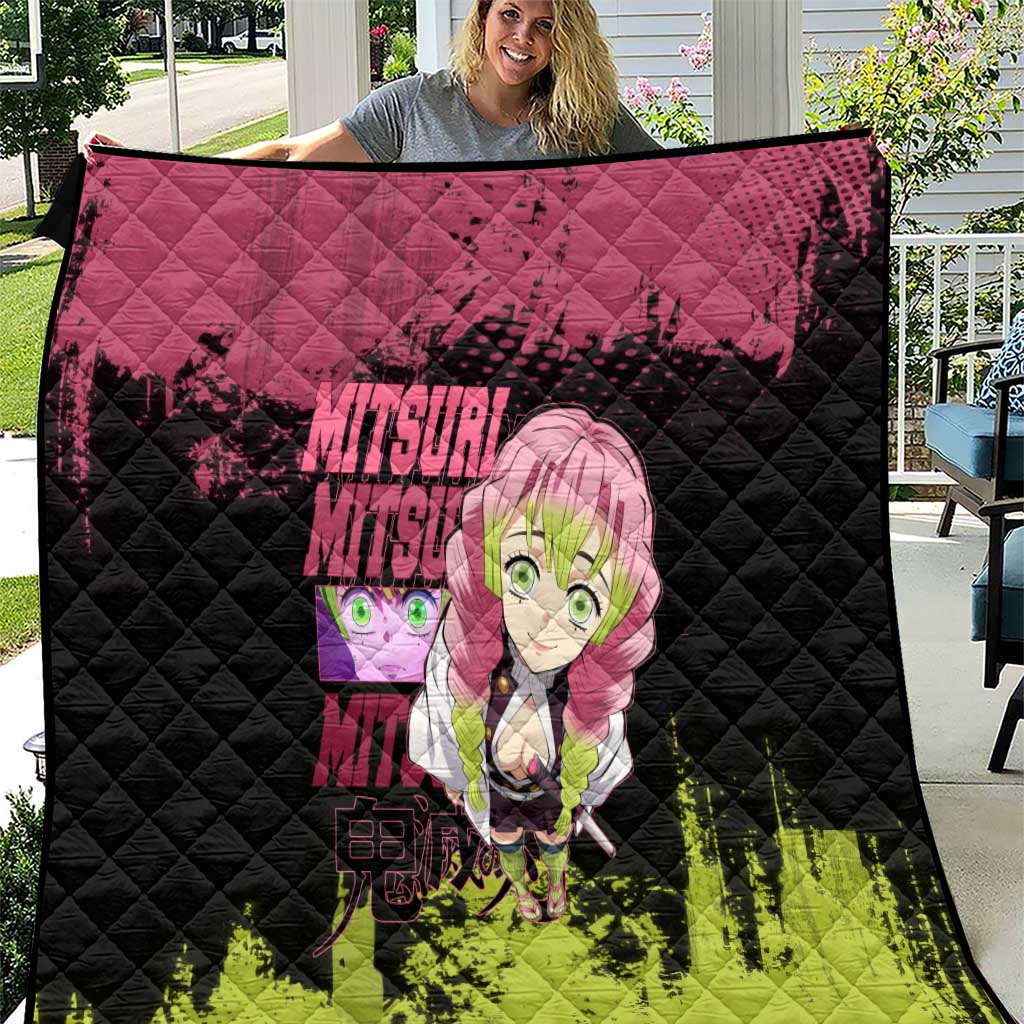 Mitsuri Kanroji Demon Slayer Pink and Green Grunge Design Quilt with Heart Eyes and Playful Pose - The Mazicc