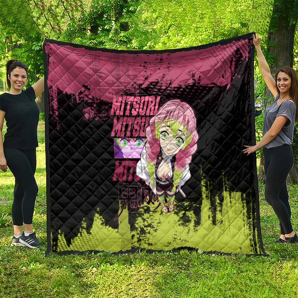 Mitsuri Kanroji Demon Slayer Pink and Green Grunge Design Quilt with Heart Eyes and Playful Pose - The Mazicc