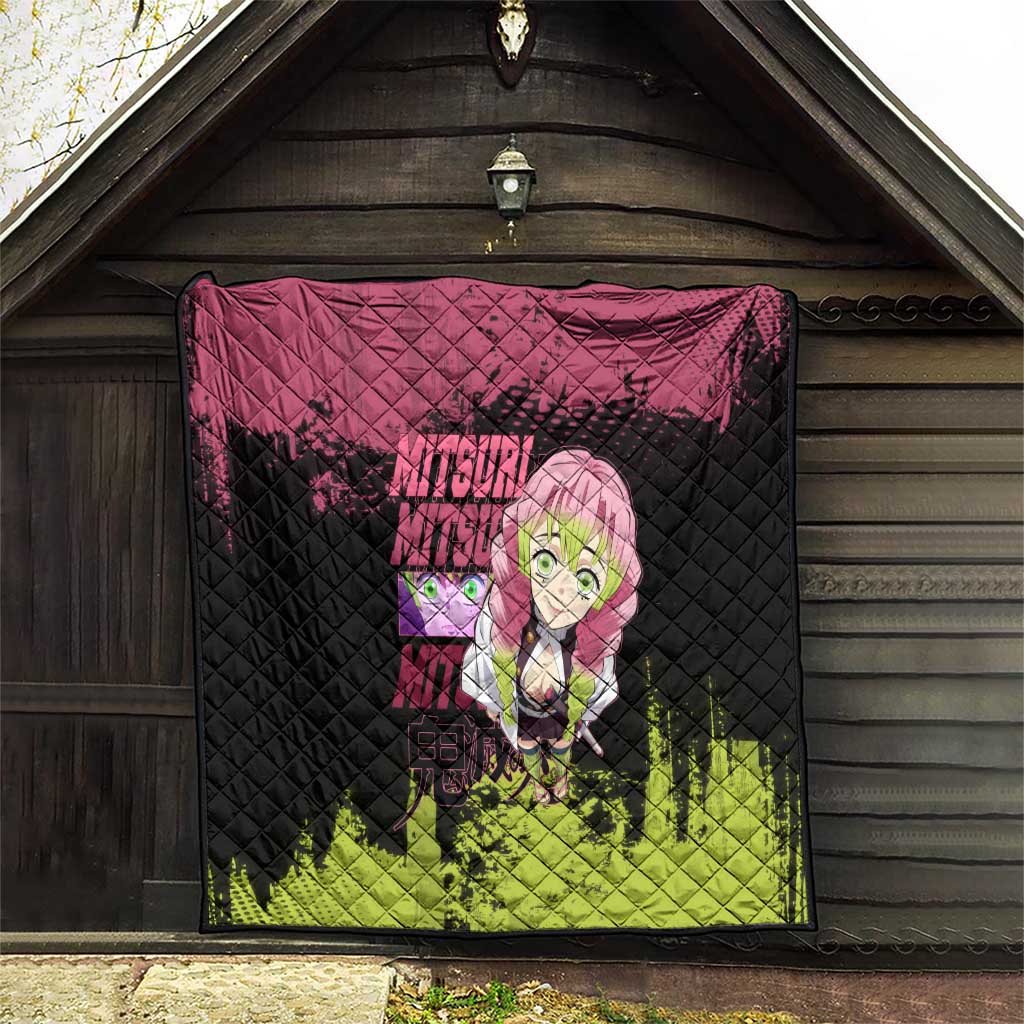 Mitsuri Kanroji Demon Slayer Pink and Green Grunge Design Quilt with Heart Eyes and Playful Pose - The Mazicc