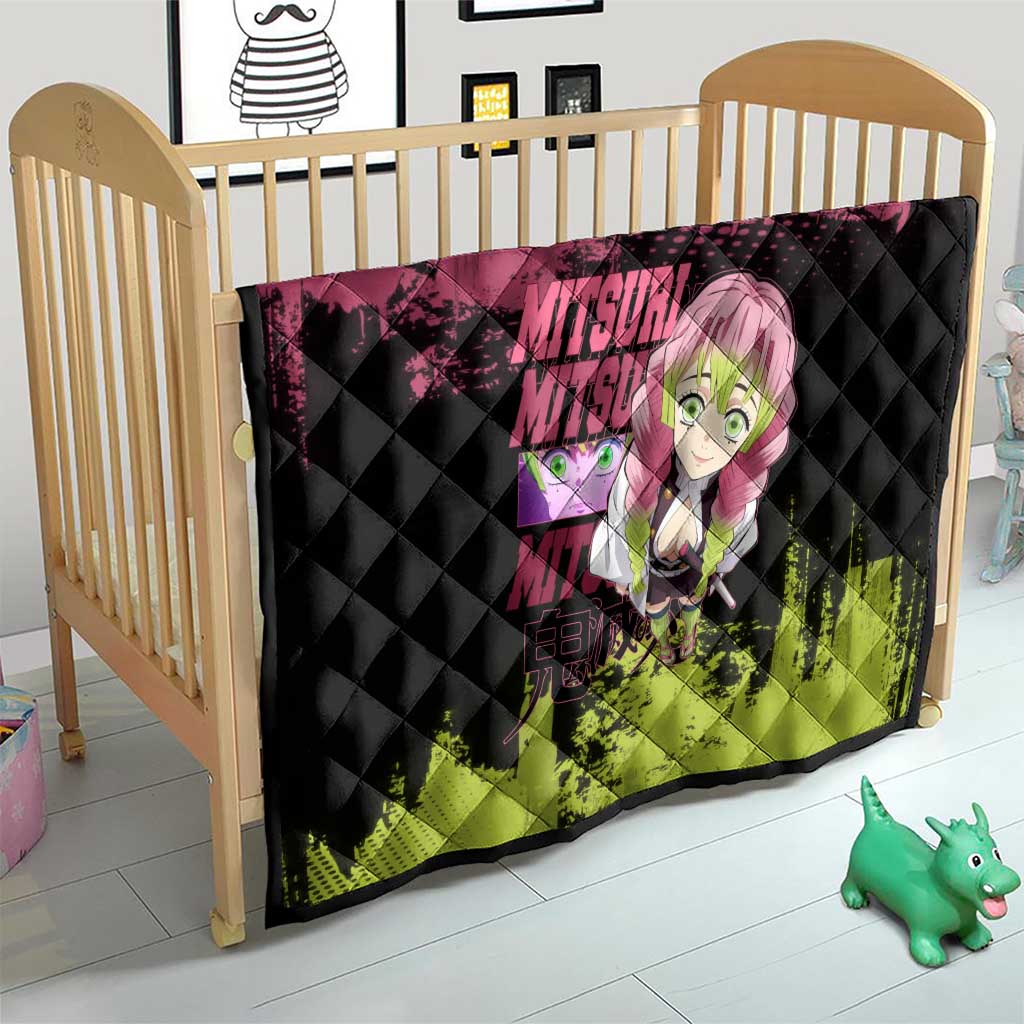 Mitsuri Kanroji Demon Slayer Pink and Green Grunge Design Quilt with Heart Eyes and Playful Pose - The Mazicc