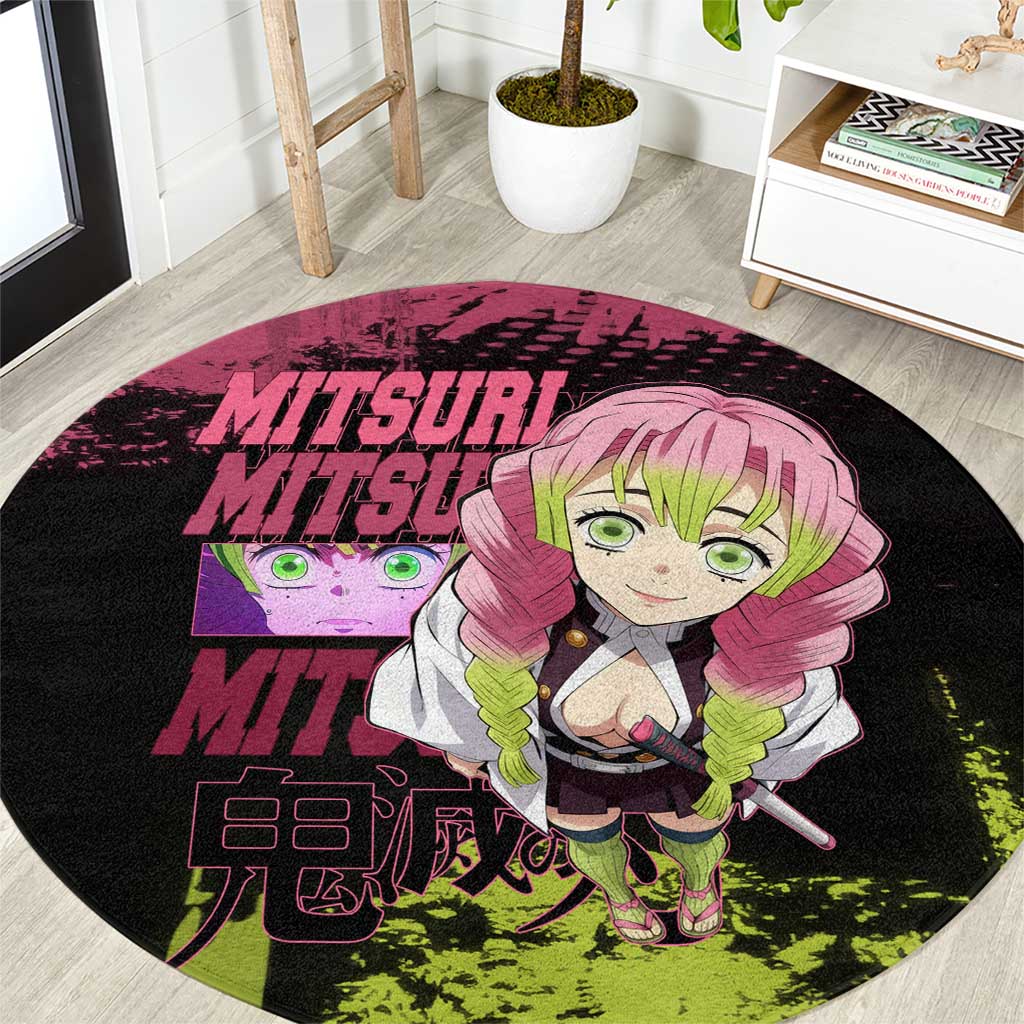 Mitsuri Kanroji Demon Slayer Pink and Green Grunge Design Round Carpet with Heart Eyes and Playful Pose - The Mazicc