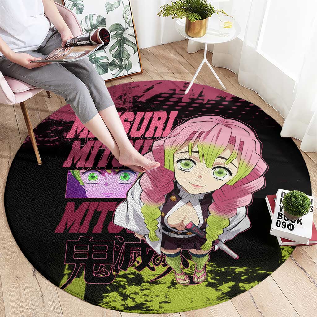 Mitsuri Kanroji Demon Slayer Pink and Green Grunge Design Round Carpet with Heart Eyes and Playful Pose - The Mazicc