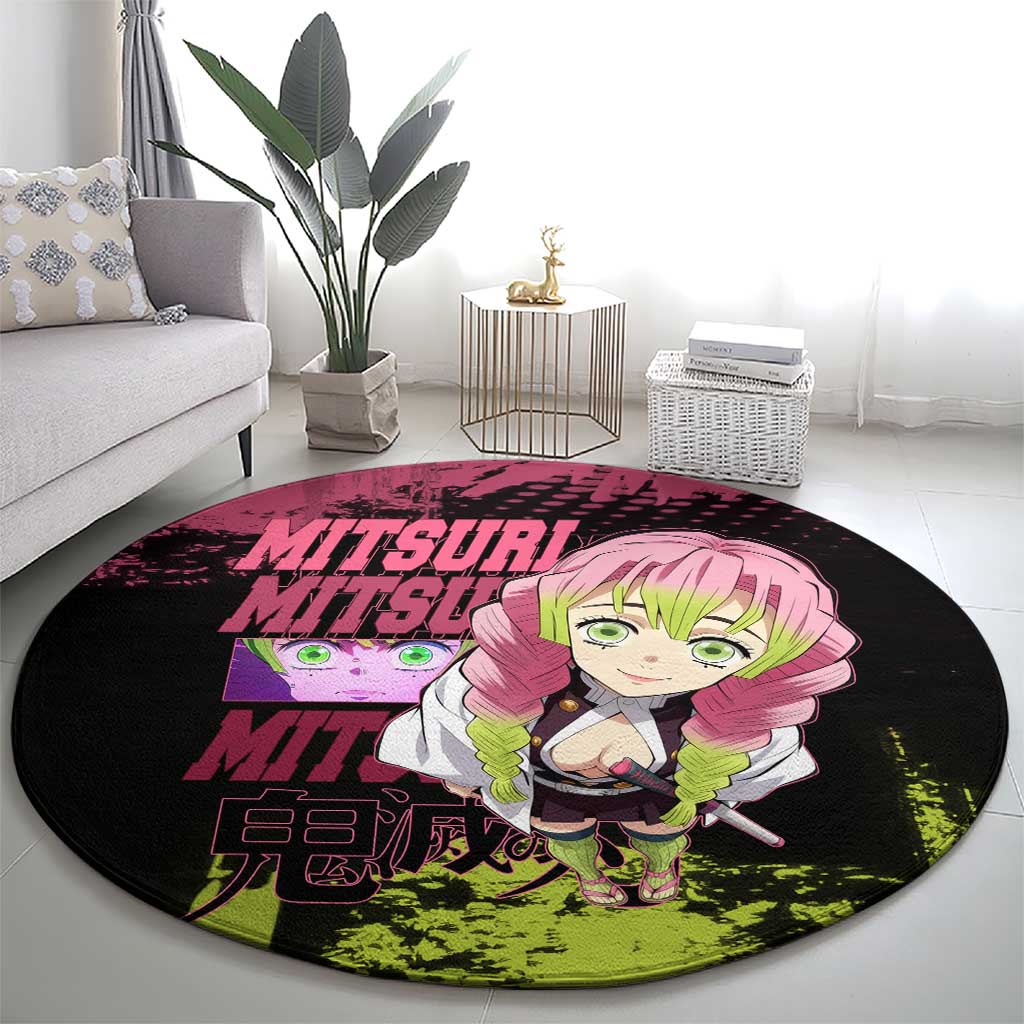 Mitsuri Kanroji Demon Slayer Pink and Green Grunge Design Round Carpet with Heart Eyes and Playful Pose - The Mazicc