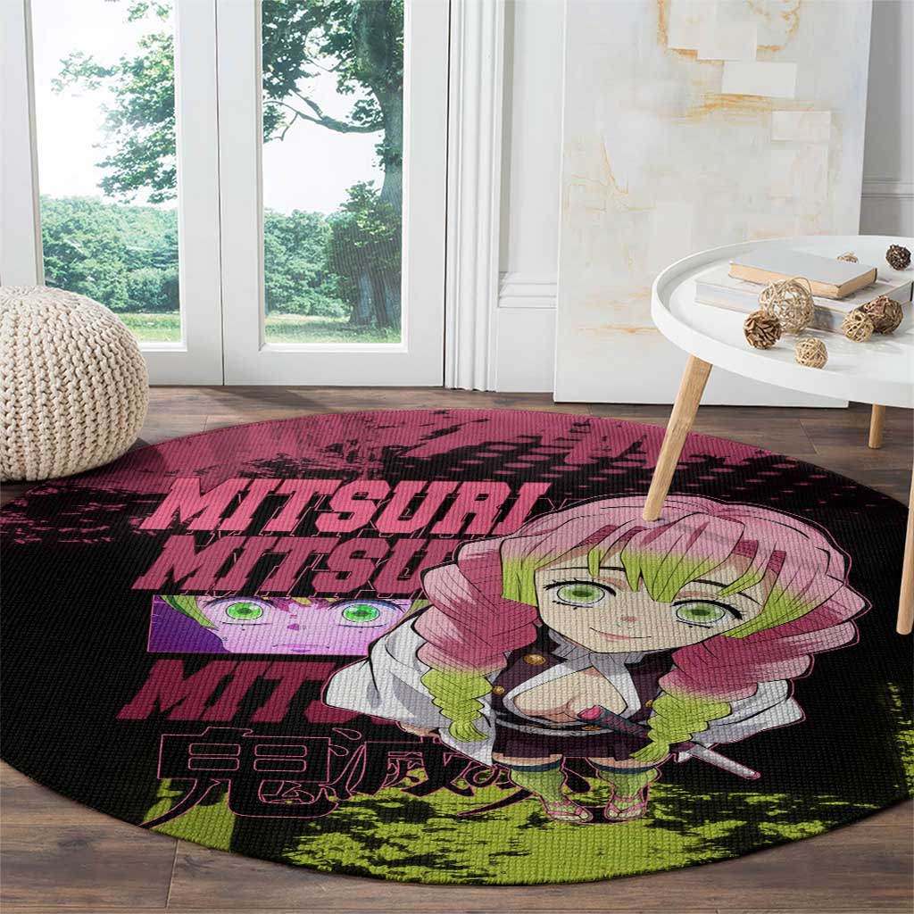 Mitsuri Kanroji Demon Slayer Pink and Green Grunge Design Round Carpet with Heart Eyes and Playful Pose - The Mazicc