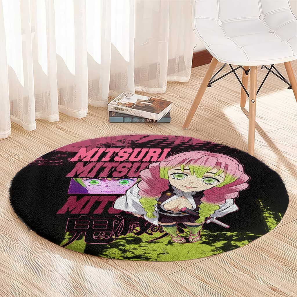 Mitsuri Kanroji Demon Slayer Pink and Green Grunge Design Round Carpet with Heart Eyes and Playful Pose - The Mazicc