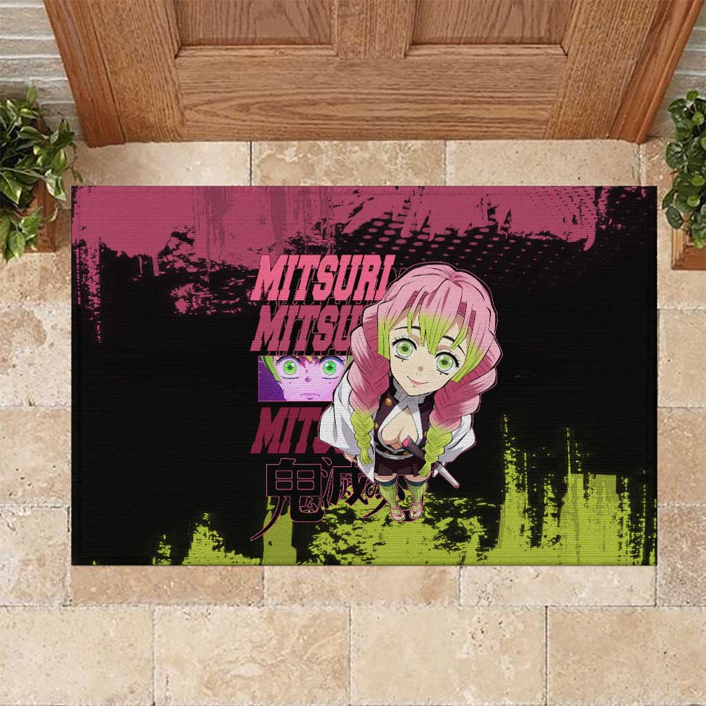 Mitsuri Kanroji Demon Slayer Pink and Green Grunge Design Rubber Doormat with Heart Eyes and Playful Pose - The Mazicc