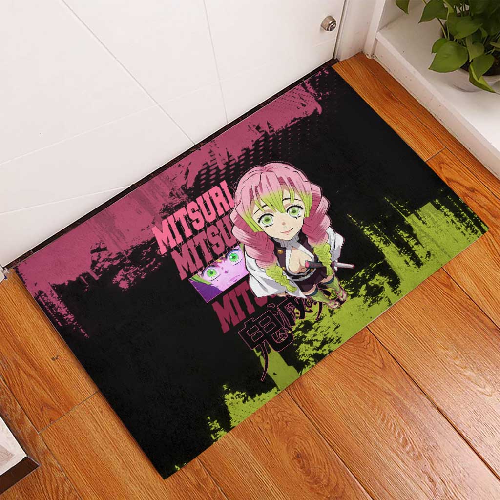 Mitsuri Kanroji Demon Slayer Pink and Green Grunge Design Rubber Doormat with Heart Eyes and Playful Pose - The Mazicc