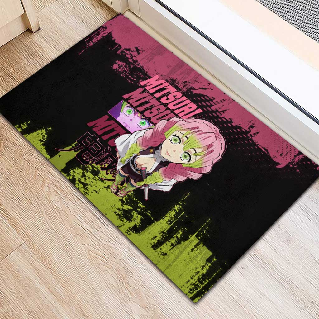 Mitsuri Kanroji Demon Slayer Pink and Green Grunge Design Rubber Doormat with Heart Eyes and Playful Pose - The Mazicc