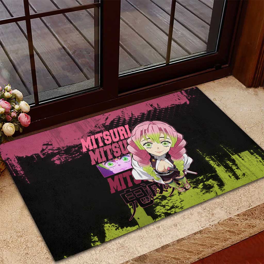 Mitsuri Kanroji Demon Slayer Pink and Green Grunge Design Rubber Doormat with Heart Eyes and Playful Pose - The Mazicc