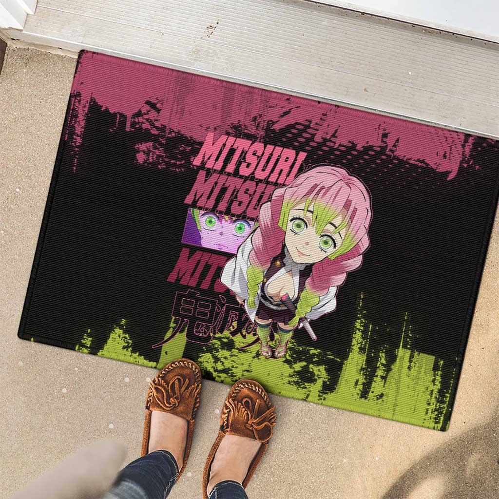 Mitsuri Kanroji Demon Slayer Pink and Green Grunge Design Rubber Doormat with Heart Eyes and Playful Pose - The Mazicc