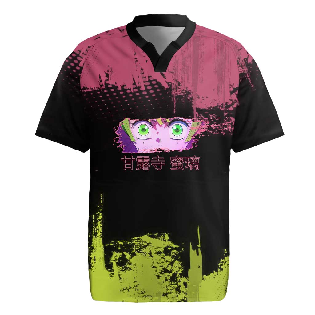 Mitsuri Kanroji Demon Slayer Pink and Green Grunge Design Rugby Jersey with Heart Eyes and Playful Pose - The Mazicc