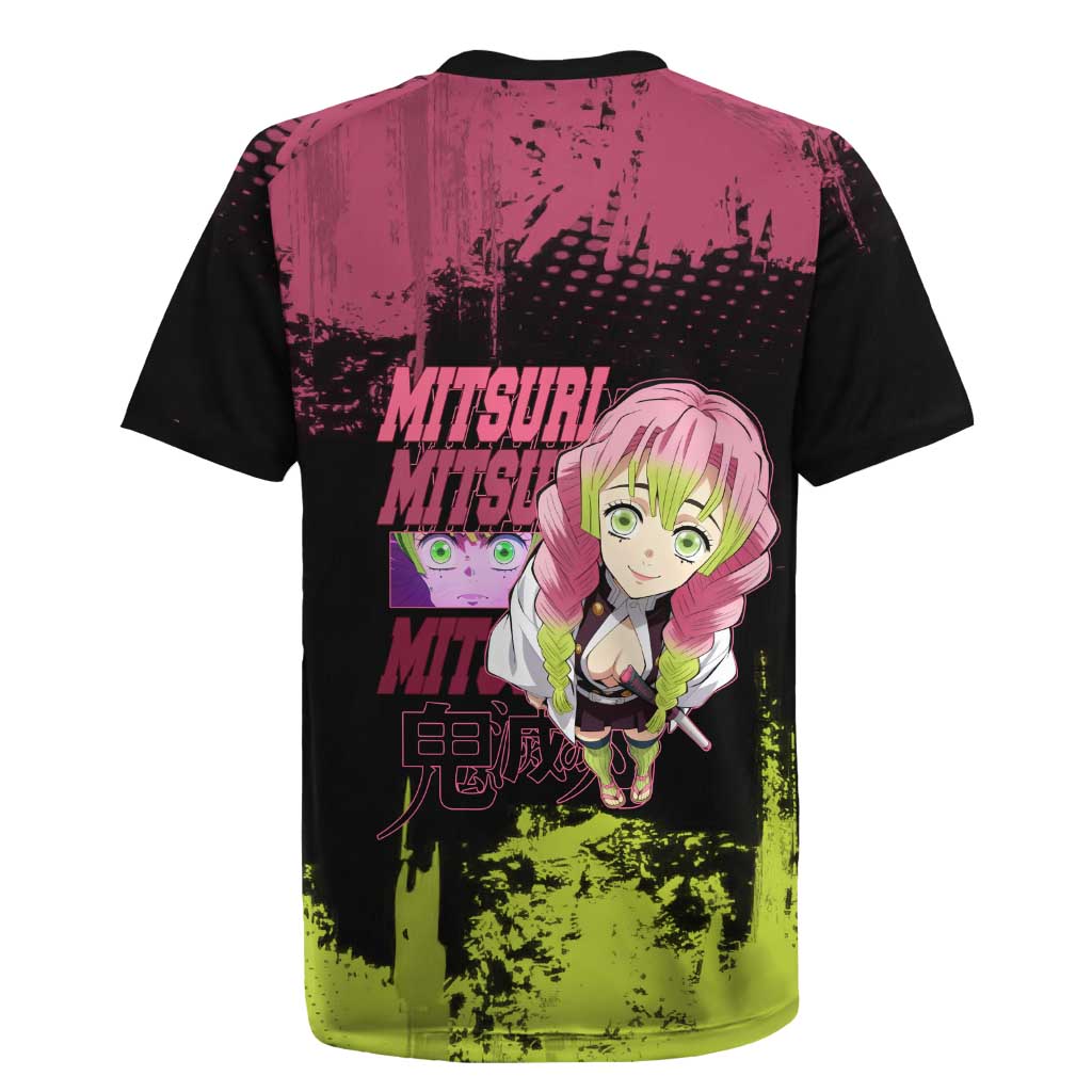 Mitsuri Kanroji Demon Slayer Pink and Green Grunge Design Rugby Jersey with Heart Eyes and Playful Pose - The Mazicc