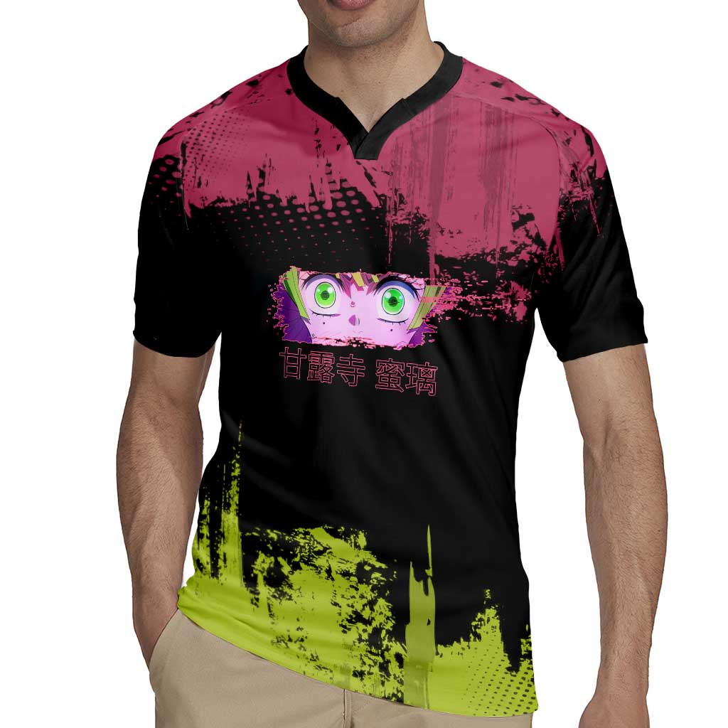 Mitsuri Kanroji Demon Slayer Pink and Green Grunge Design Rugby Jersey with Heart Eyes and Playful Pose - The Mazicc
