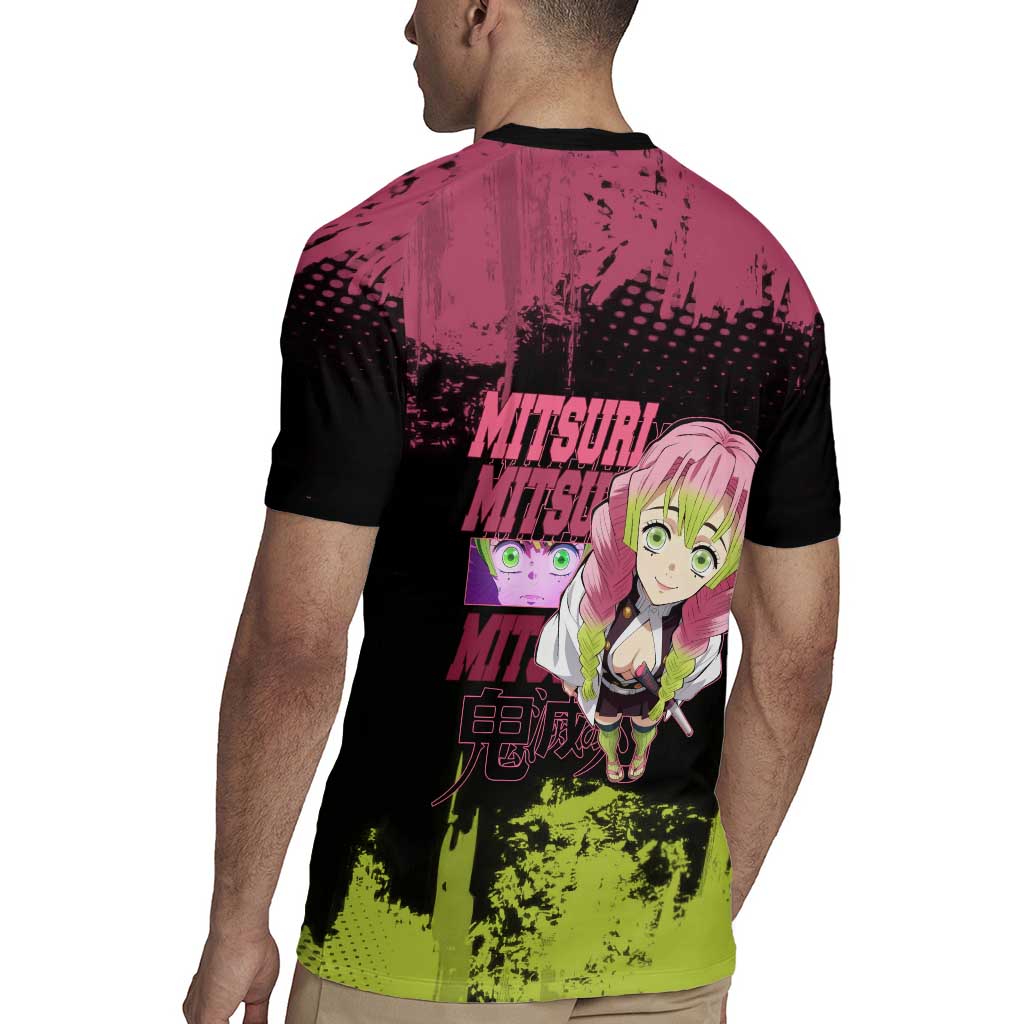 Mitsuri Kanroji Demon Slayer Pink and Green Grunge Design Rugby Jersey with Heart Eyes and Playful Pose - The Mazicc