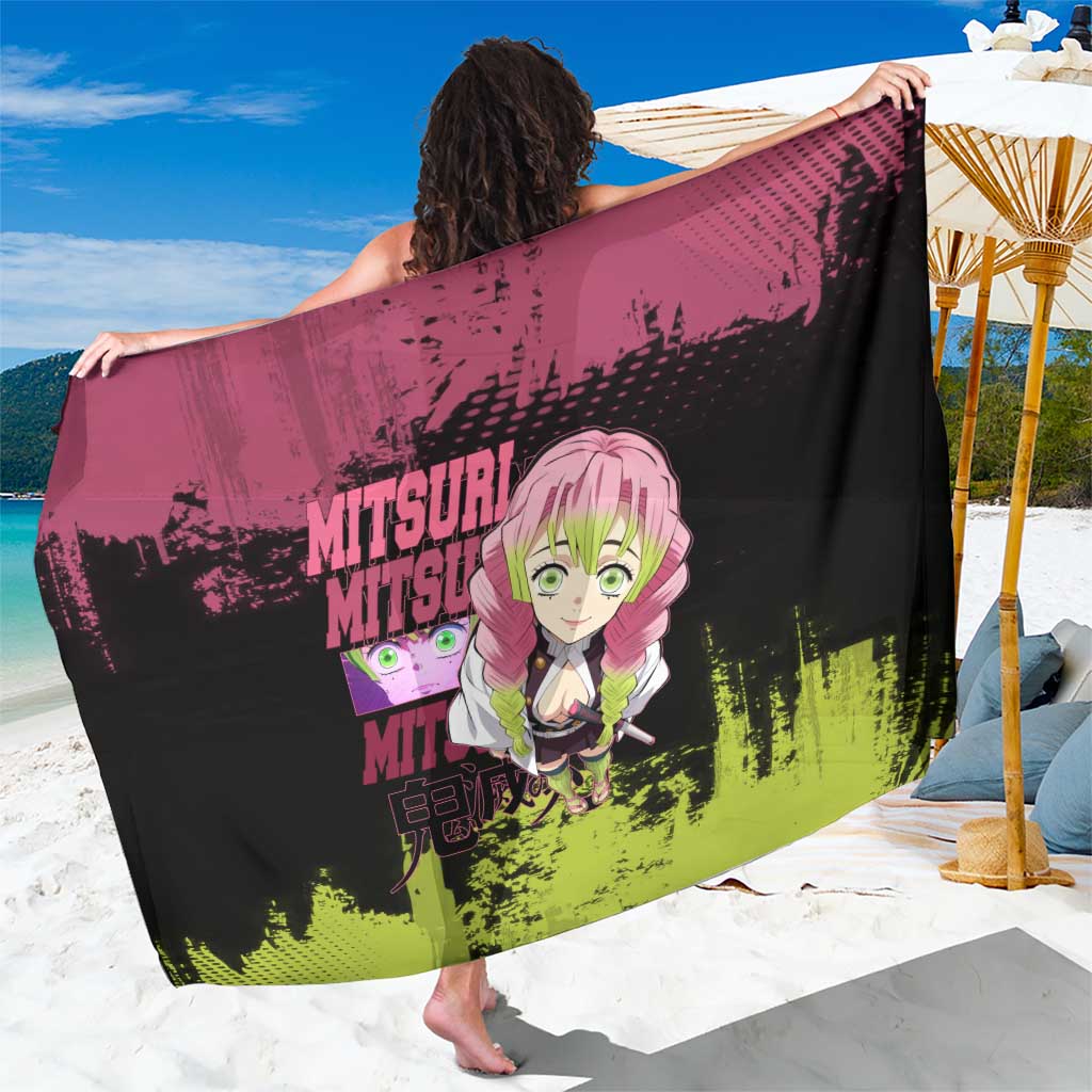Mitsuri Kanroji Demon Slayer Pink and Green Grunge Design Sarong with Heart Eyes and Playful Pose - The Mazicc