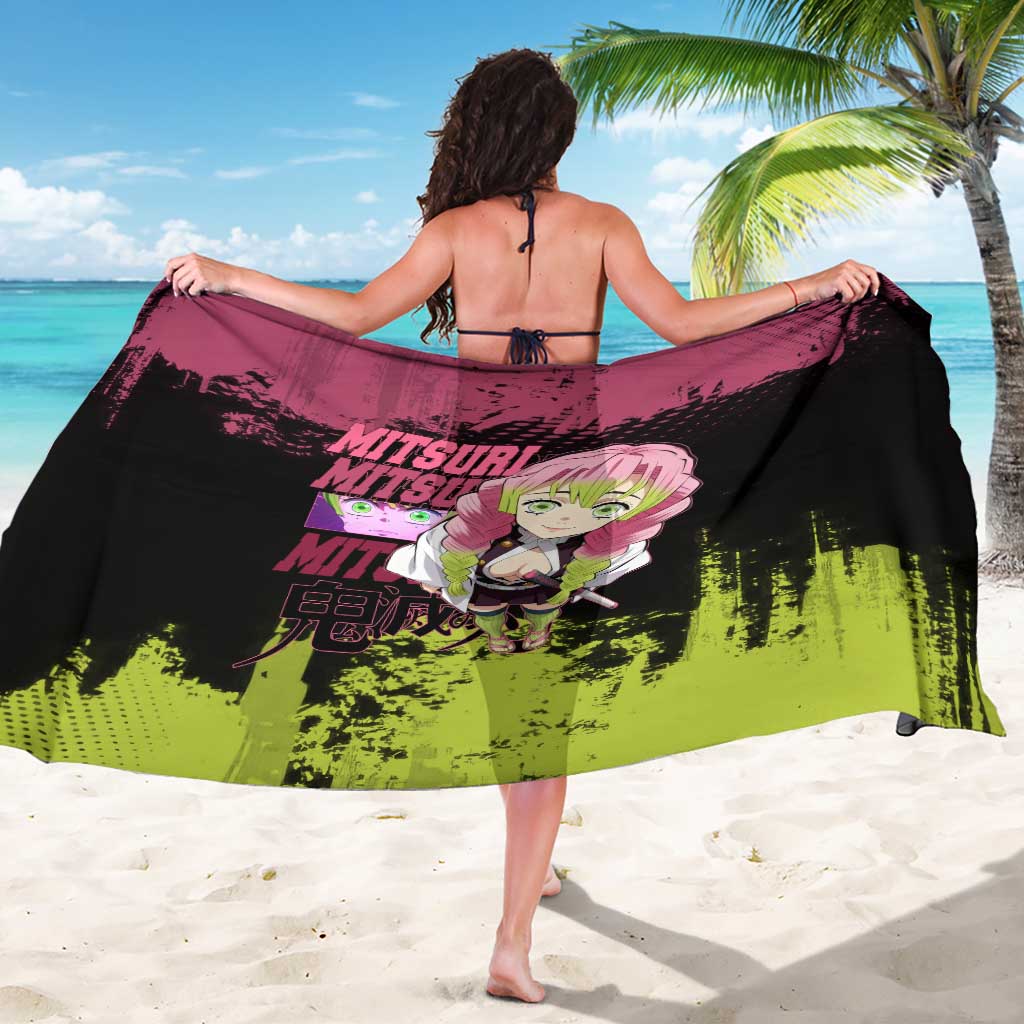Mitsuri Kanroji Demon Slayer Pink and Green Grunge Design Sarong with Heart Eyes and Playful Pose - The Mazicc