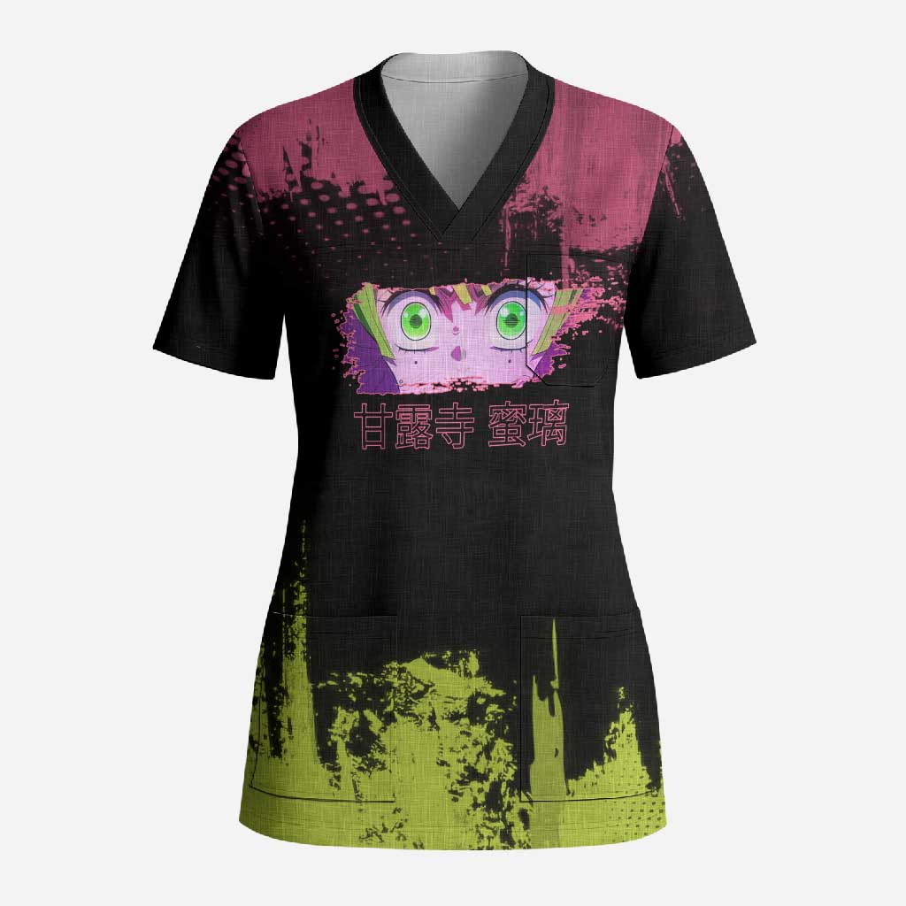 Mitsuri Kanroji Demon Slayer Pink and Green Grunge Design Scrub Top with Heart Eyes and Playful Pose - The Mazicc