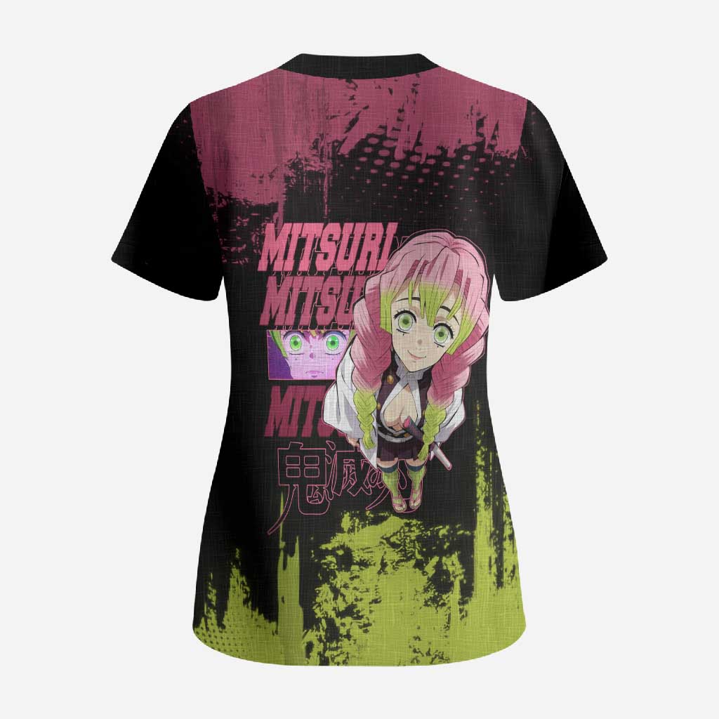 Mitsuri Kanroji Demon Slayer Pink and Green Grunge Design Scrub Top with Heart Eyes and Playful Pose - The Mazicc