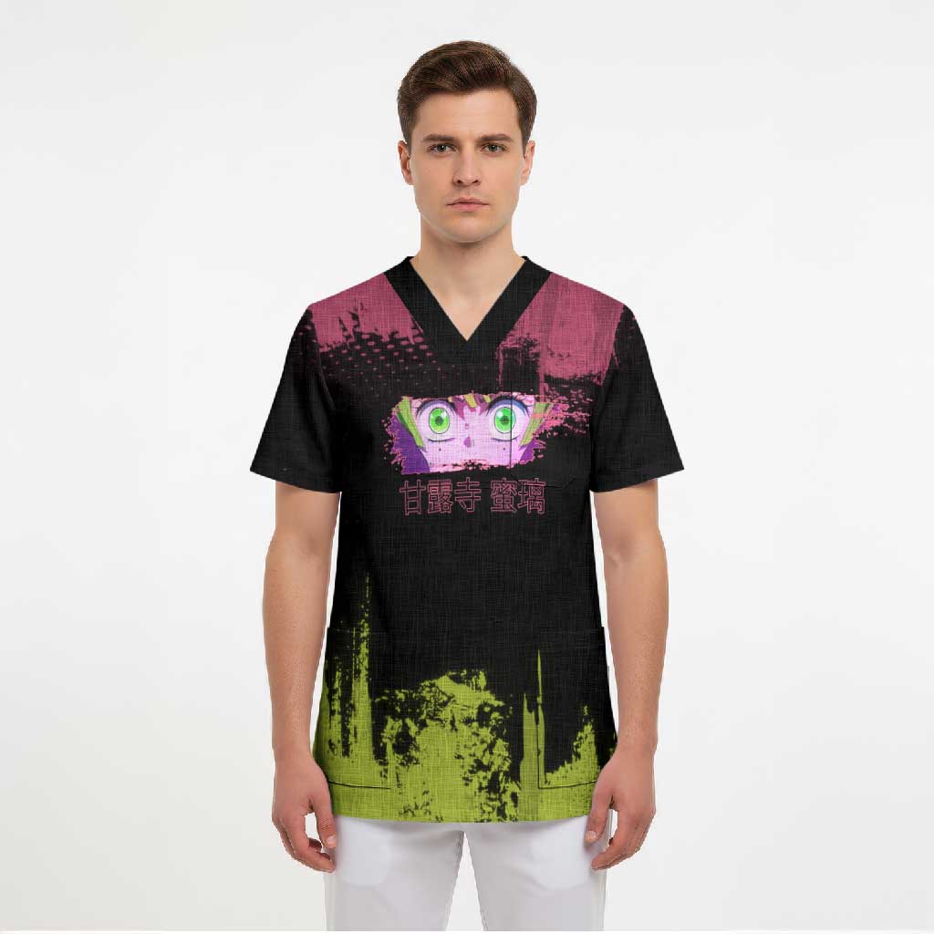 Mitsuri Kanroji Demon Slayer Pink and Green Grunge Design Scrub Top with Heart Eyes and Playful Pose - The Mazicc