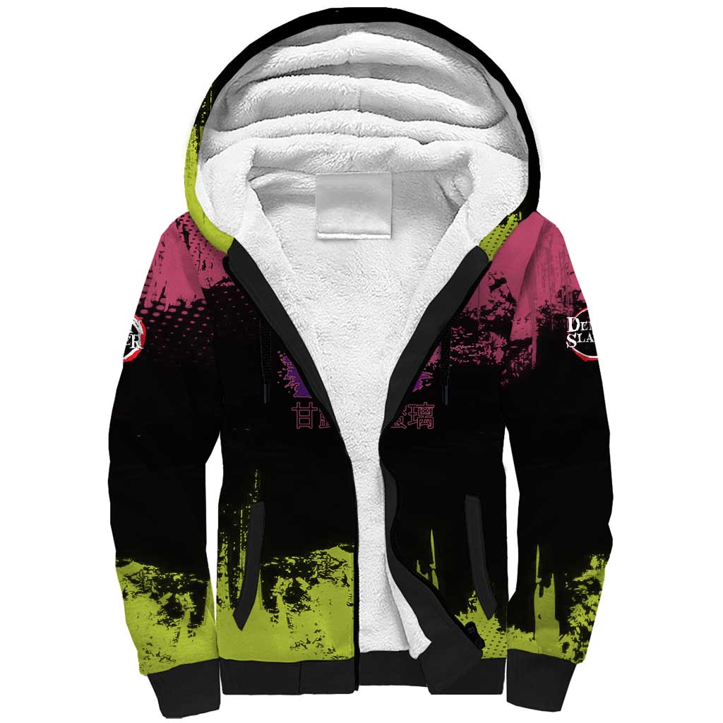 Mitsuri Kanroji Demon Slayer Pink and Green Grunge Design Sherpa Hoodie with Heart Eyes and Playful Pose - The Mazicc