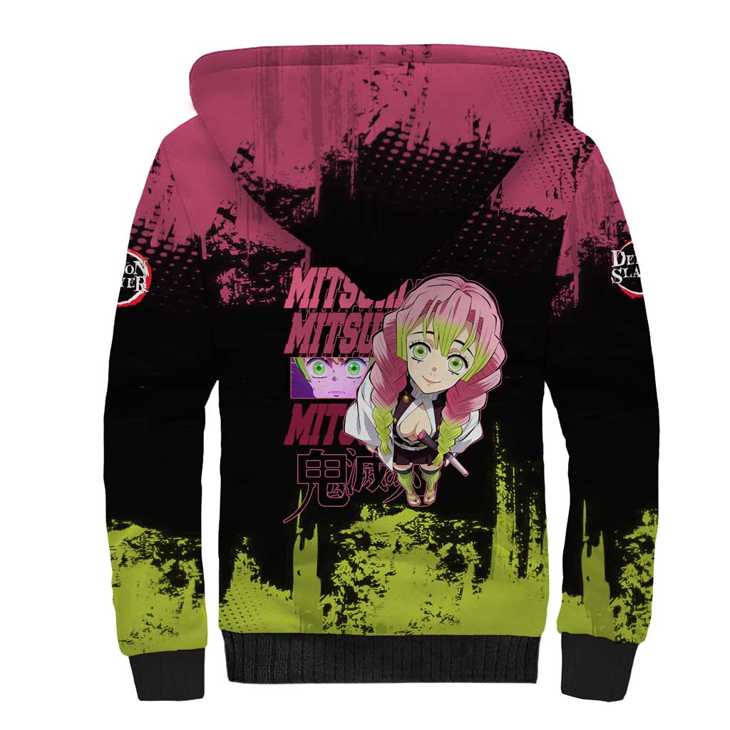 Mitsuri Kanroji Demon Slayer Pink and Green Grunge Design Sherpa Hoodie with Heart Eyes and Playful Pose - The Mazicc