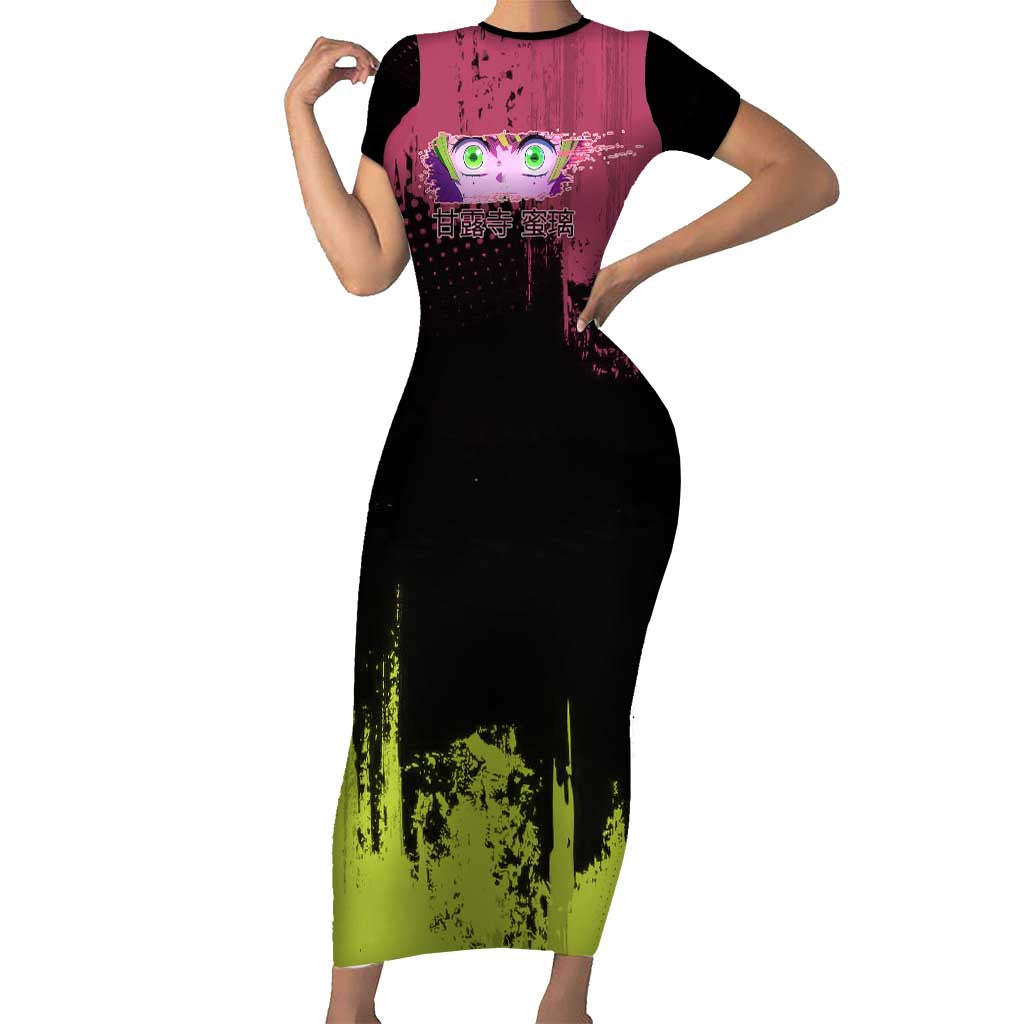 Mitsuri Kanroji Demon Slayer Pink and Green Grunge Design Short Sleeve Bodycon Dress with Heart Eyes and Playful Pose - The Mazicc