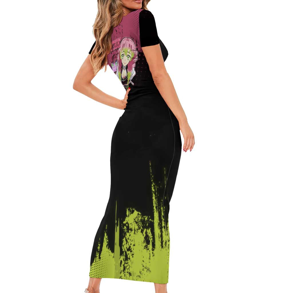 Mitsuri Kanroji Demon Slayer Pink and Green Grunge Design Short Sleeve Bodycon Dress with Heart Eyes and Playful Pose - The Mazicc