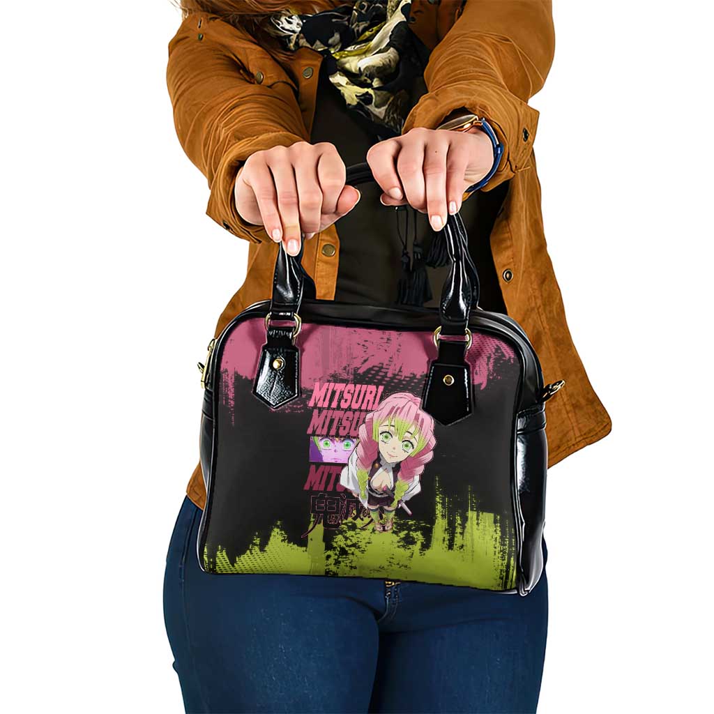 Mitsuri Kanroji Demon Slayer Pink and Green Grunge Design Shoulder Handbag with Heart Eyes and Playful Pose - The Mazicc