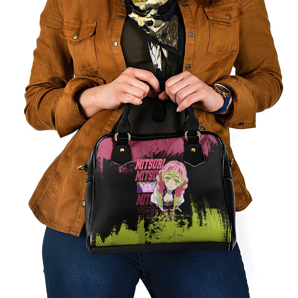 Mitsuri Kanroji Demon Slayer Pink and Green Grunge Design Shoulder Handbag with Heart Eyes and Playful Pose - The Mazicc