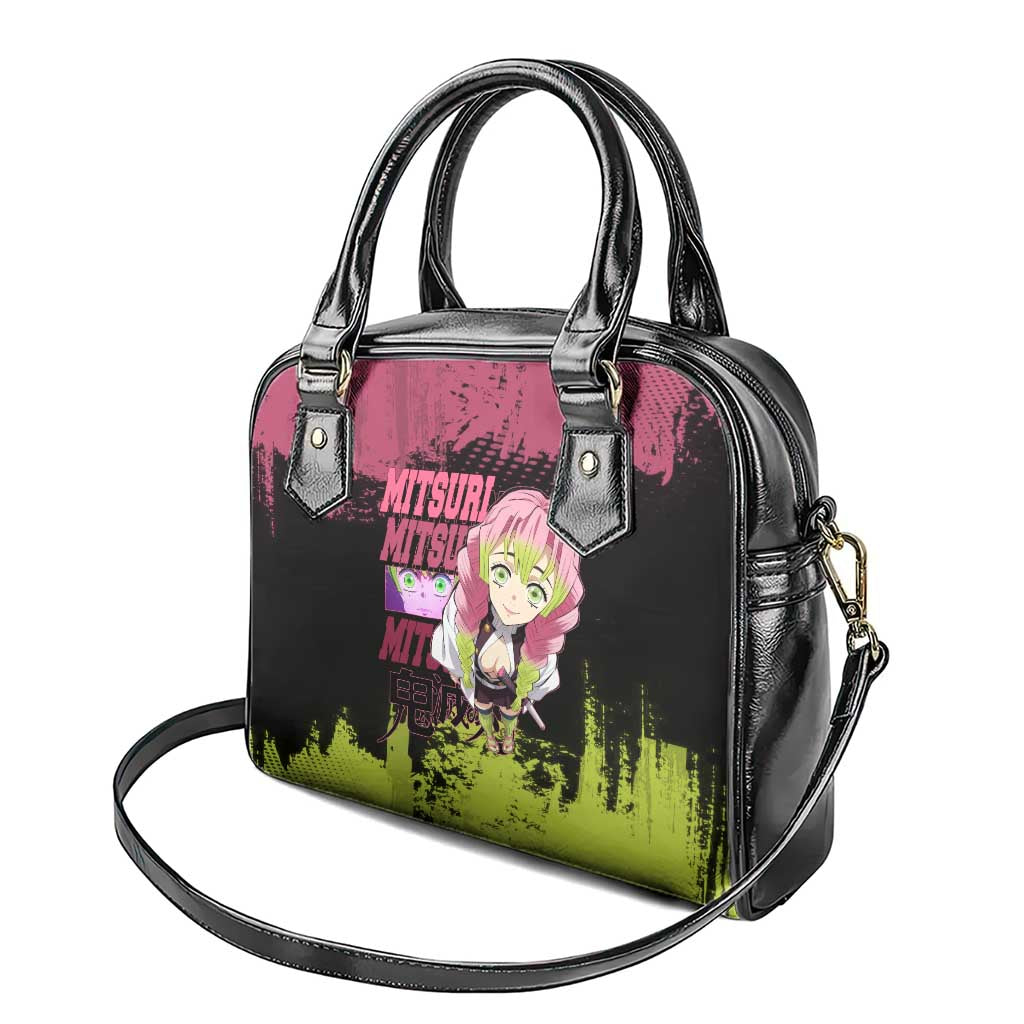 Mitsuri Kanroji Demon Slayer Pink and Green Grunge Design Shoulder Handbag with Heart Eyes and Playful Pose - The Mazicc