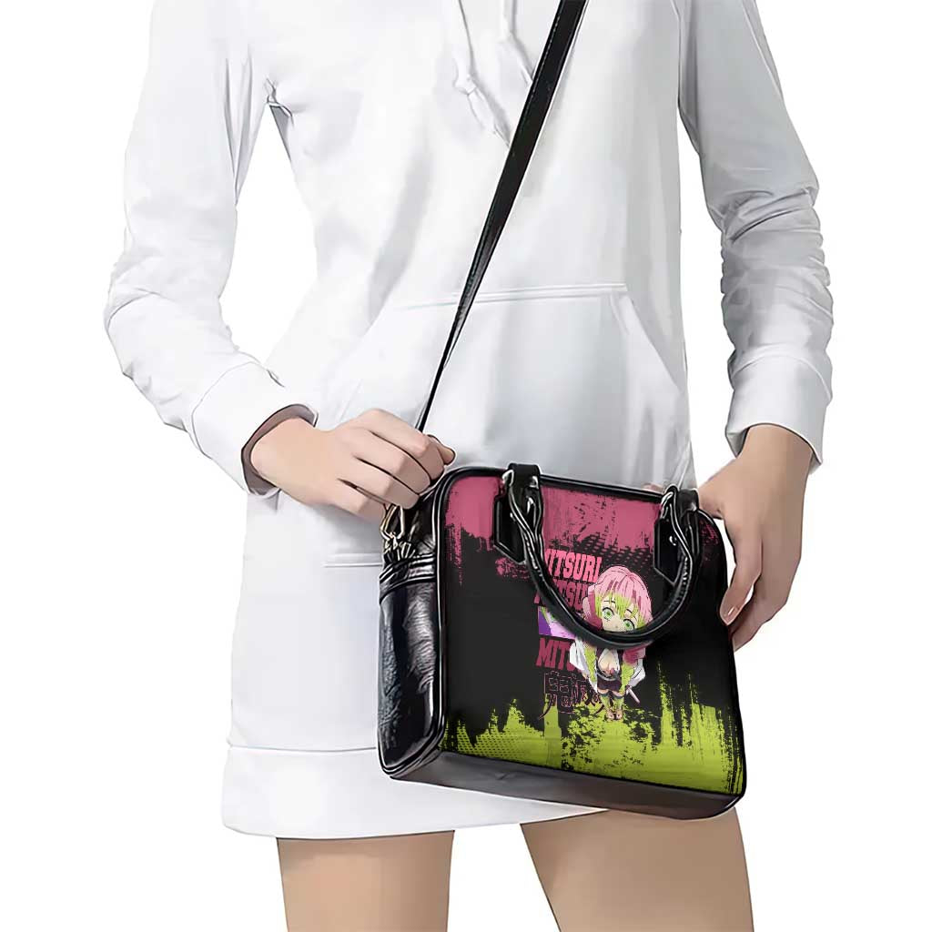 Mitsuri Kanroji Demon Slayer Pink and Green Grunge Design Shoulder Handbag with Heart Eyes and Playful Pose - The Mazicc