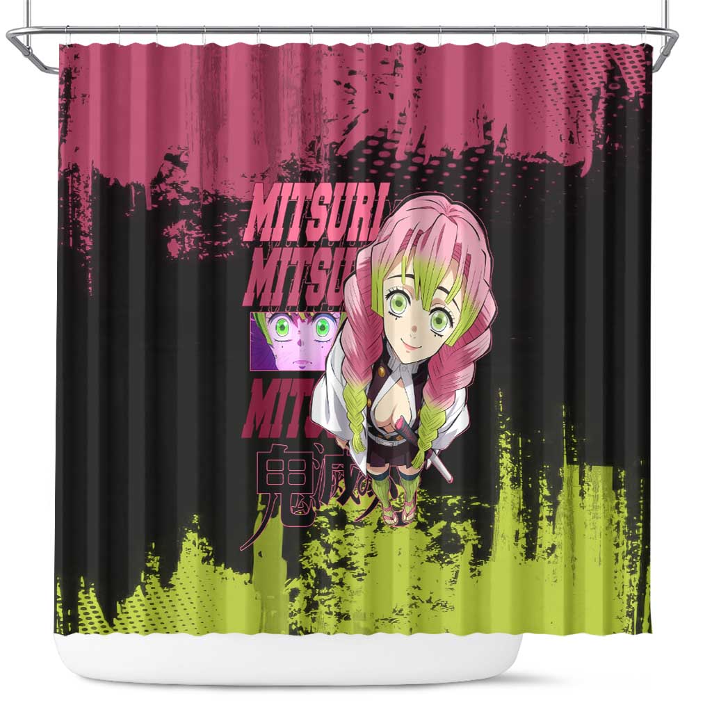 Mitsuri Kanroji Demon Slayer Pink and Green Grunge Design Shower Curtain with Heart Eyes and Playful Pose - The Mazicc