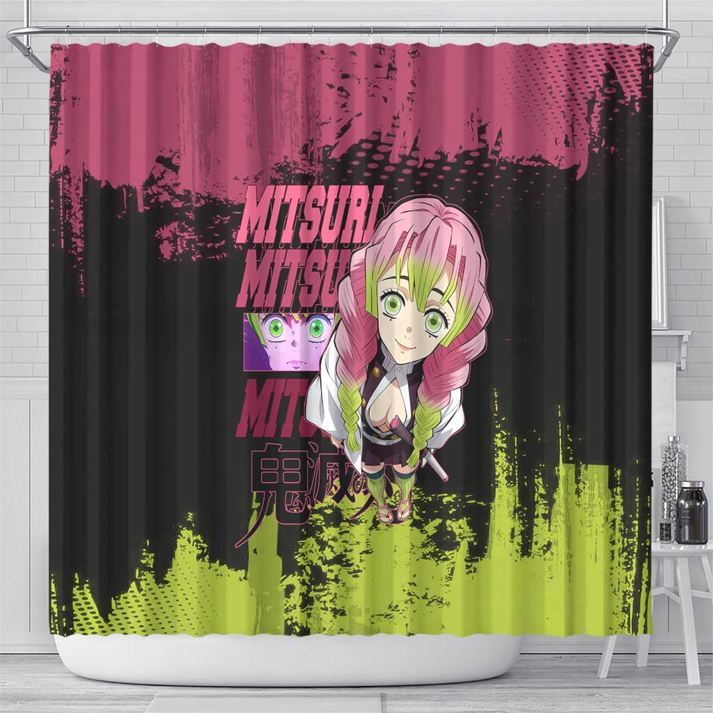 Mitsuri Kanroji Demon Slayer Pink and Green Grunge Design Shower Curtain with Heart Eyes and Playful Pose - The Mazicc